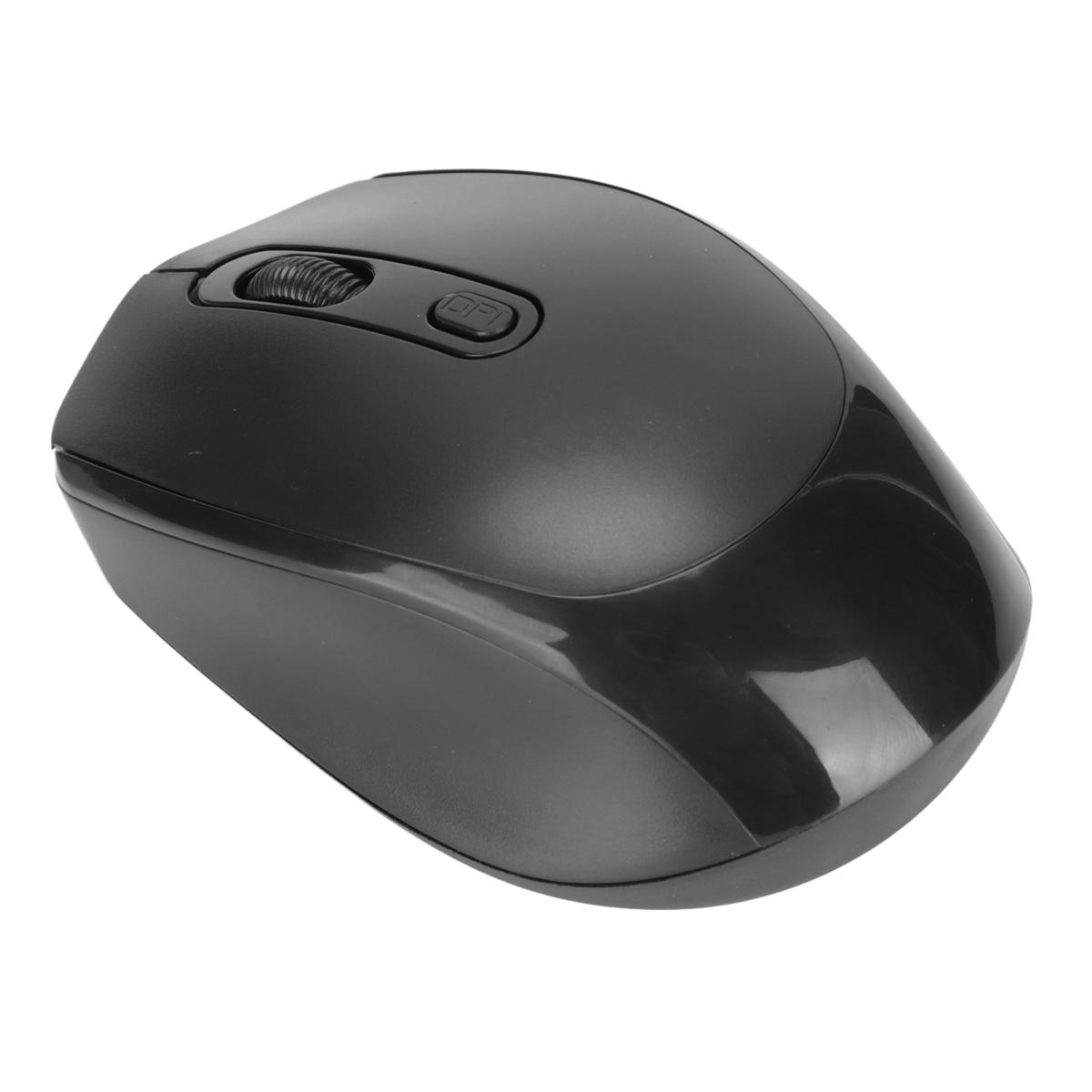 Schwarze kabellose Maus mit Scrollrad und DPI-Taste, auf weißem Hintergrund, schräge Ansicht.