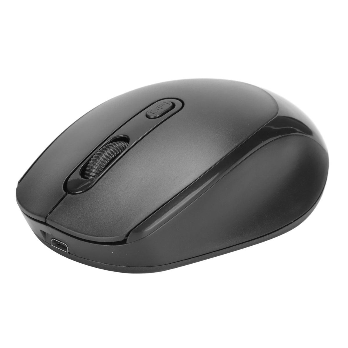 Schwarze kabellose Maus auf weißem Untergrund. Sie hat ein Scrollrad und einen USB-C-Anschluss.