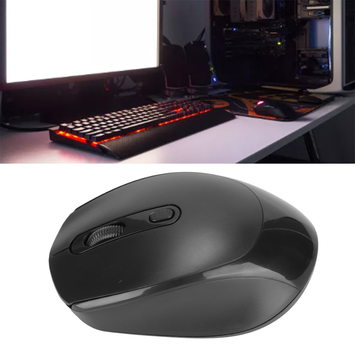 Schwarze Computermaus und Gaming-Tastatur auf einem Schreibtisch. Die Tastatur hat rote Beleuchtung.