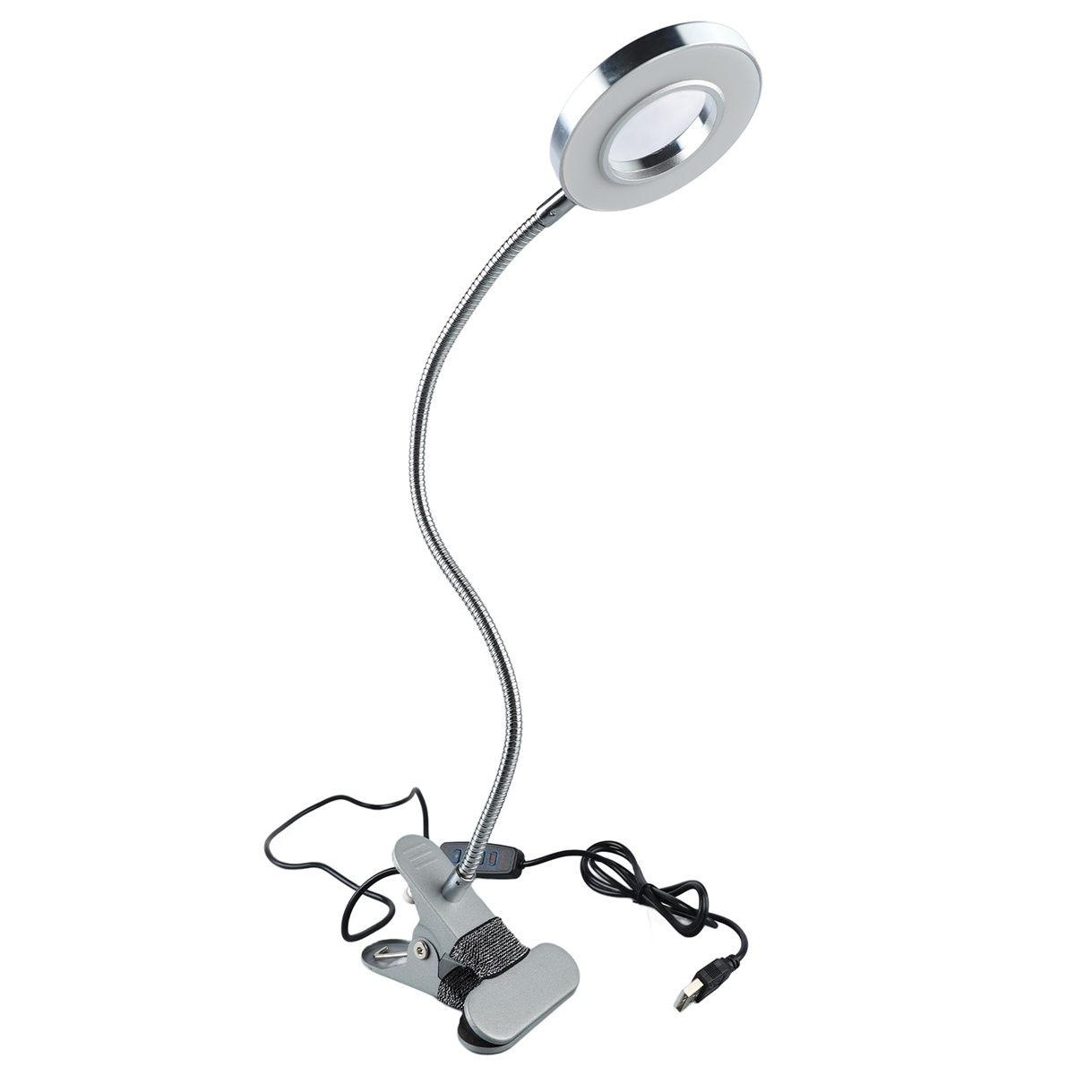 Silberne Schwanenhals-Lupe mit Clip und USB-Kabel.