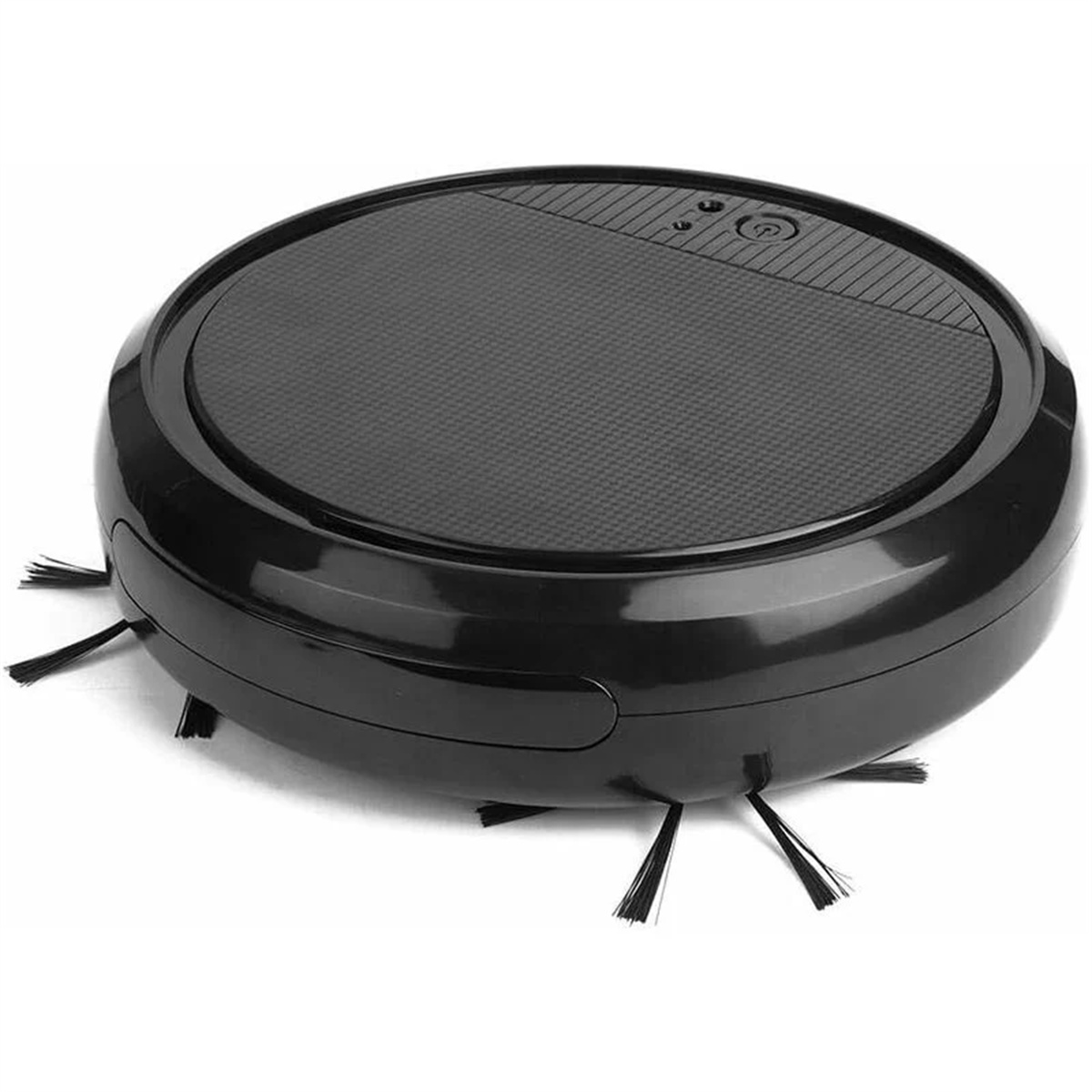Ein schwarzer, runder Roboter-Staubsauger.