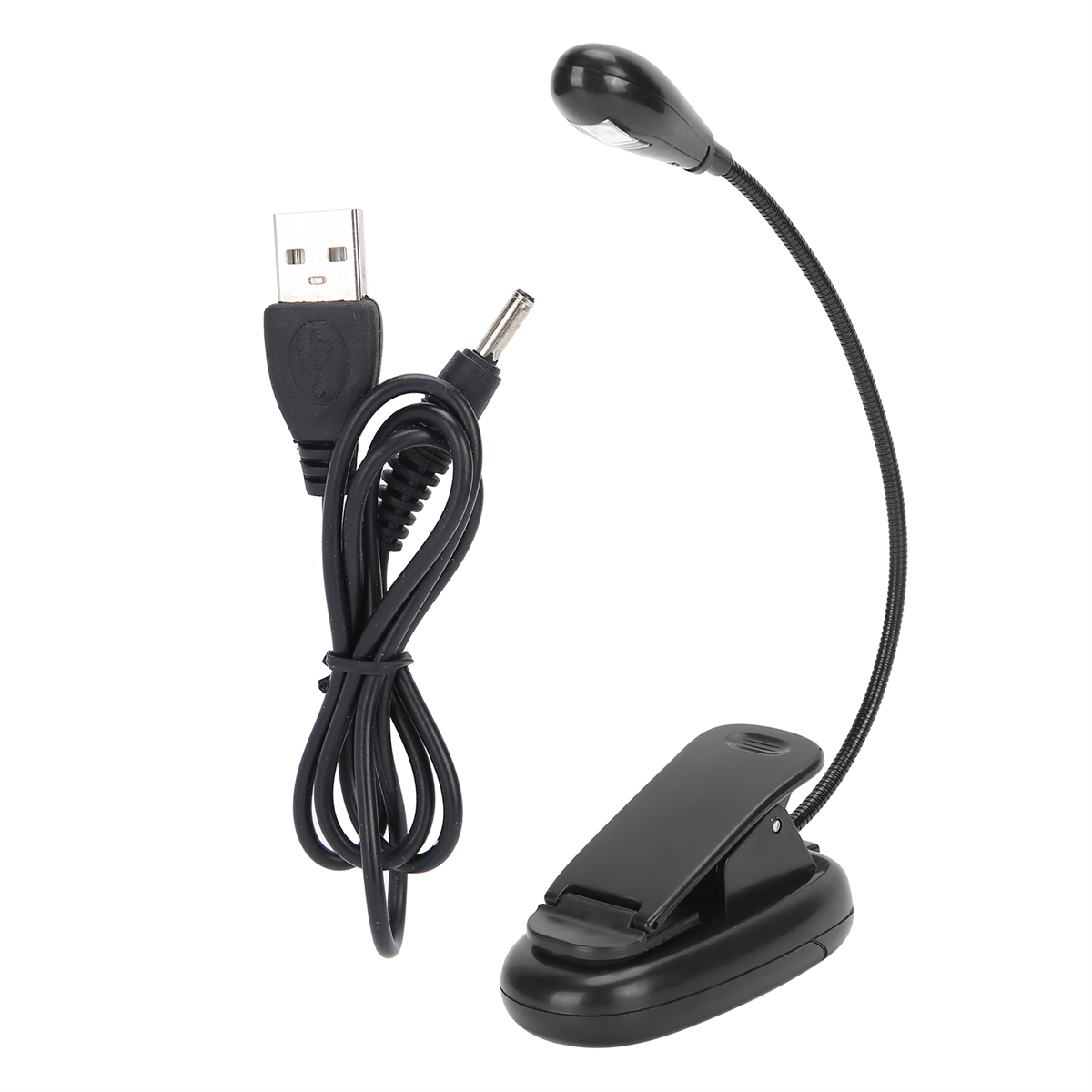 Schwarze Clip-On-Leselampe mit USB-Ladegerät. Flexibler Hals, kleiner Leuchtkopf und Clip-Basis. Weißer Hintergrund.