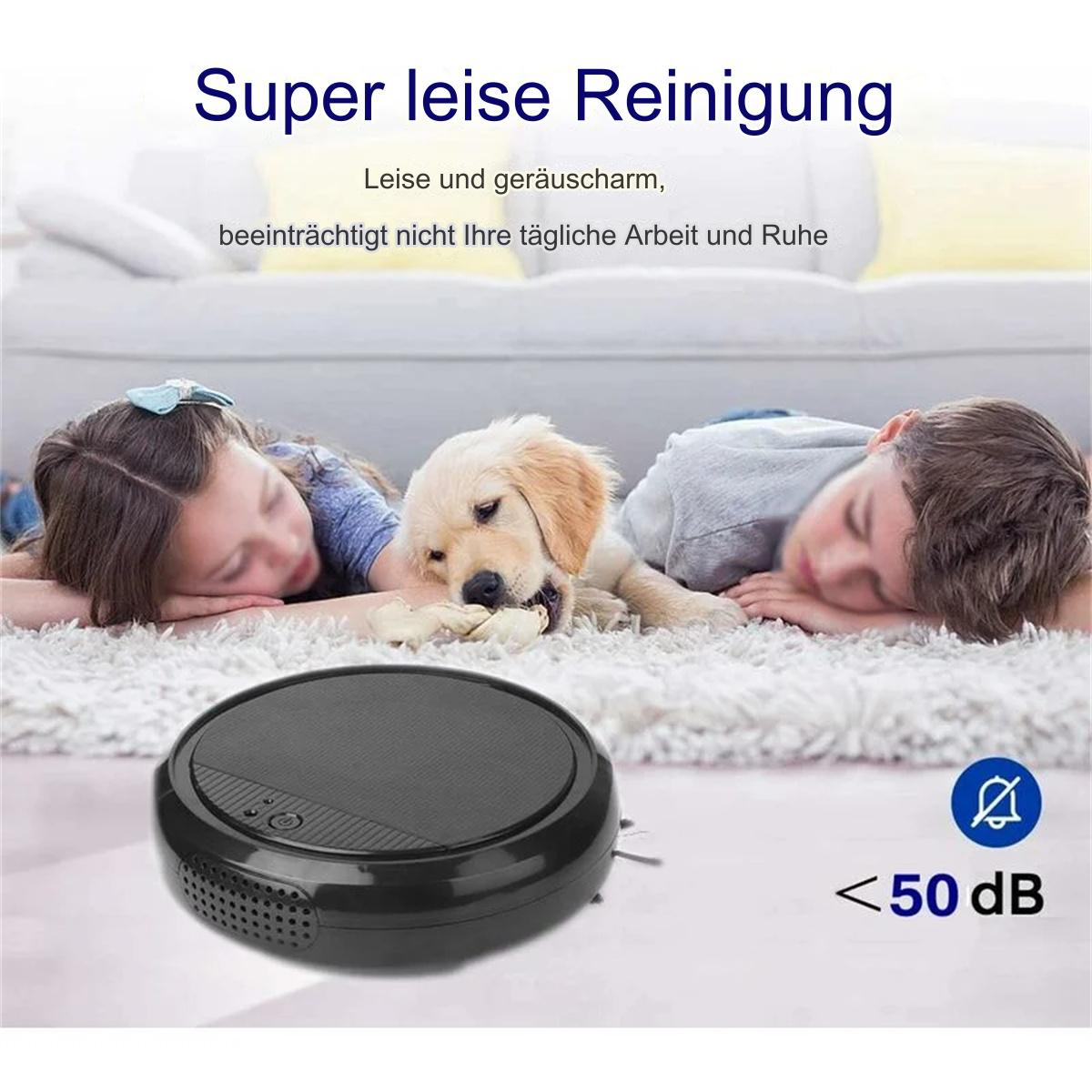 Ein schwarzer Roboter-Staubsauger mit zwei schlafenden Kindern und einem Hund.