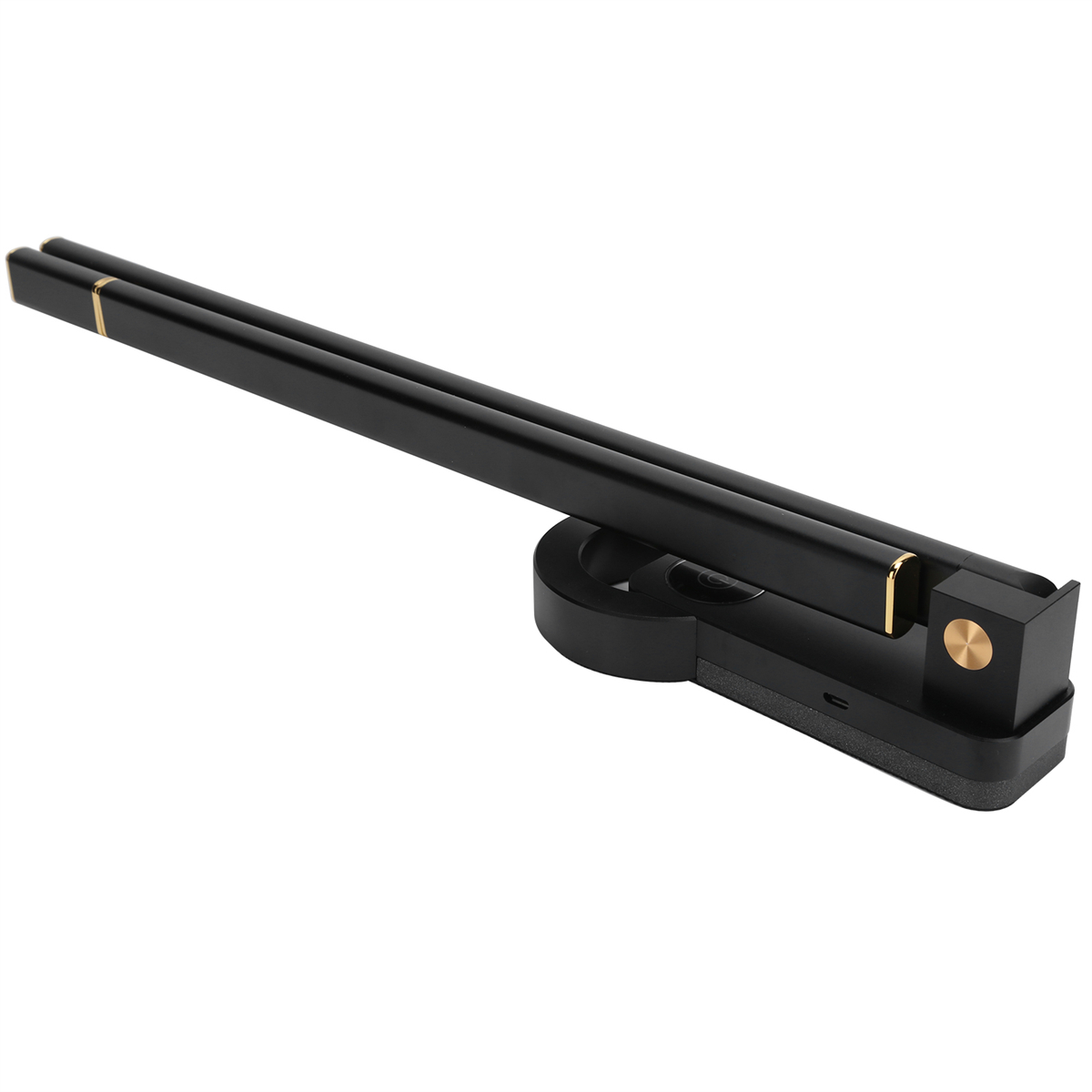 Schwarzes Gerät mit zwei Stäben, einem Sockel und einem USB-C-Anschluss. Goldakzente sind vorhanden.