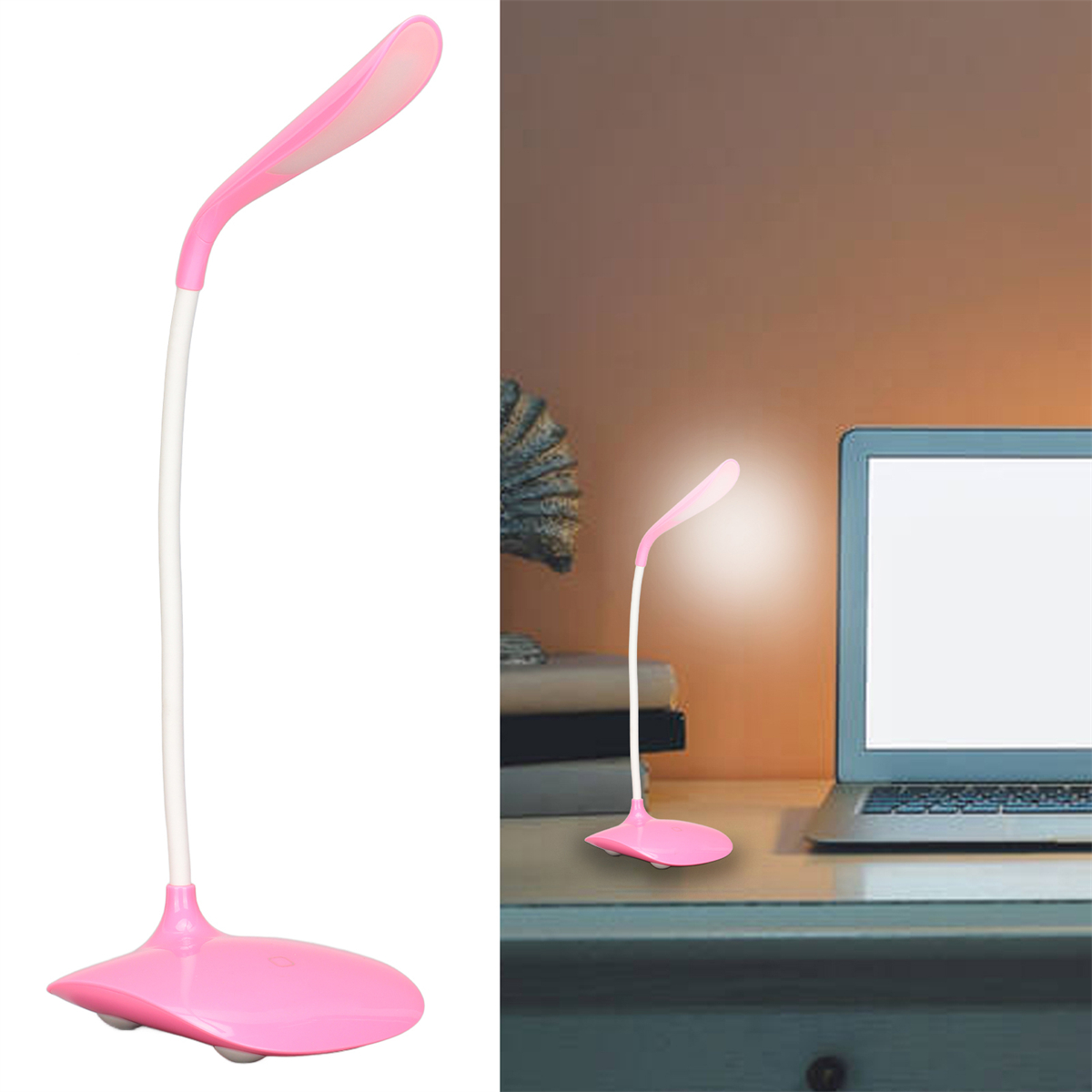 Eine rosa Schreibtischlampe mit gebogenem Hals, mit eingeschaltetem Licht. Die rechte Seite zeigt die Lampe auf einem Schreibtisch.