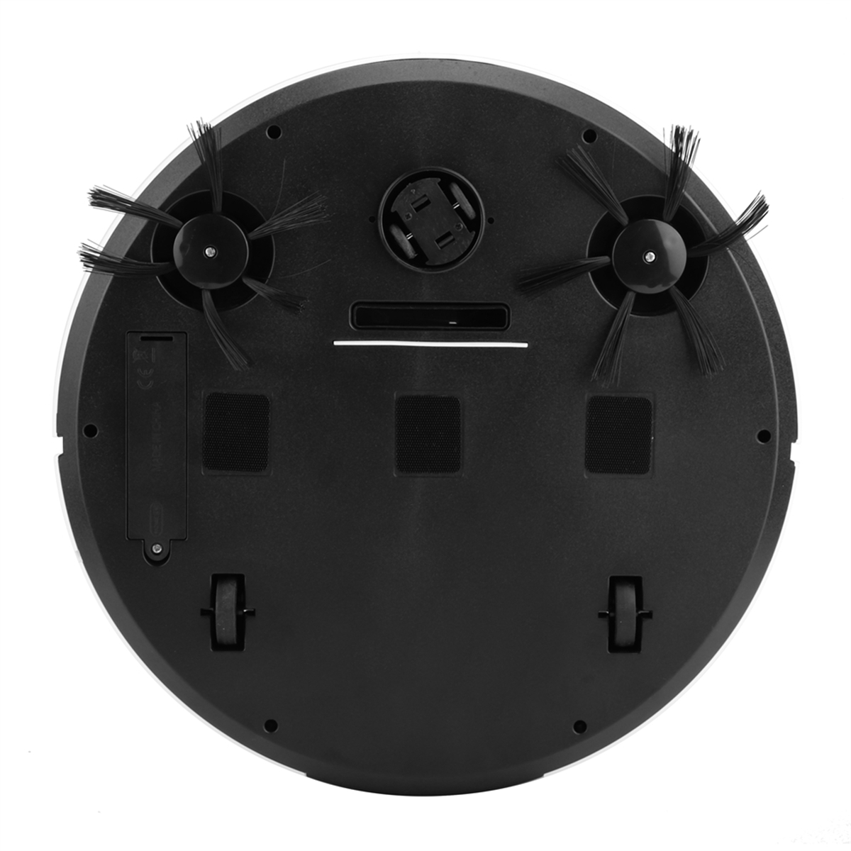 Unteransicht eines schwarzen Roboter-Staubsaugers mit Bürsten und Rädern. Weiße Oberfläche.