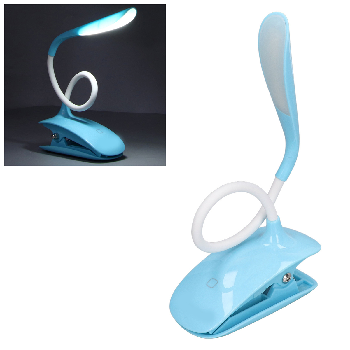 Blaue flexible LED-Clip-Lampe mit weißem Schwanenhals und Licht.