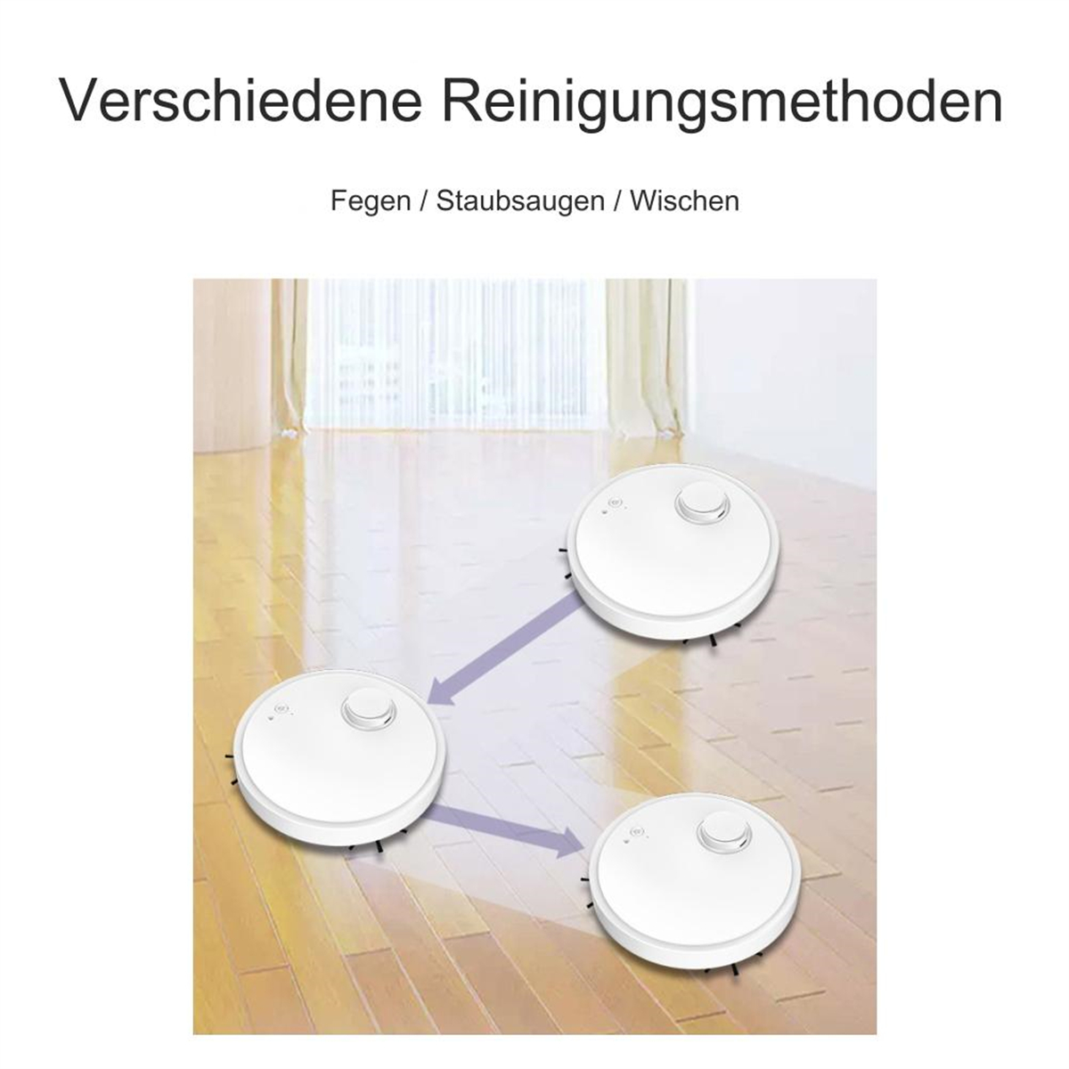 Drei weiße Roboter-Staubsauger auf einem Holzboden.
