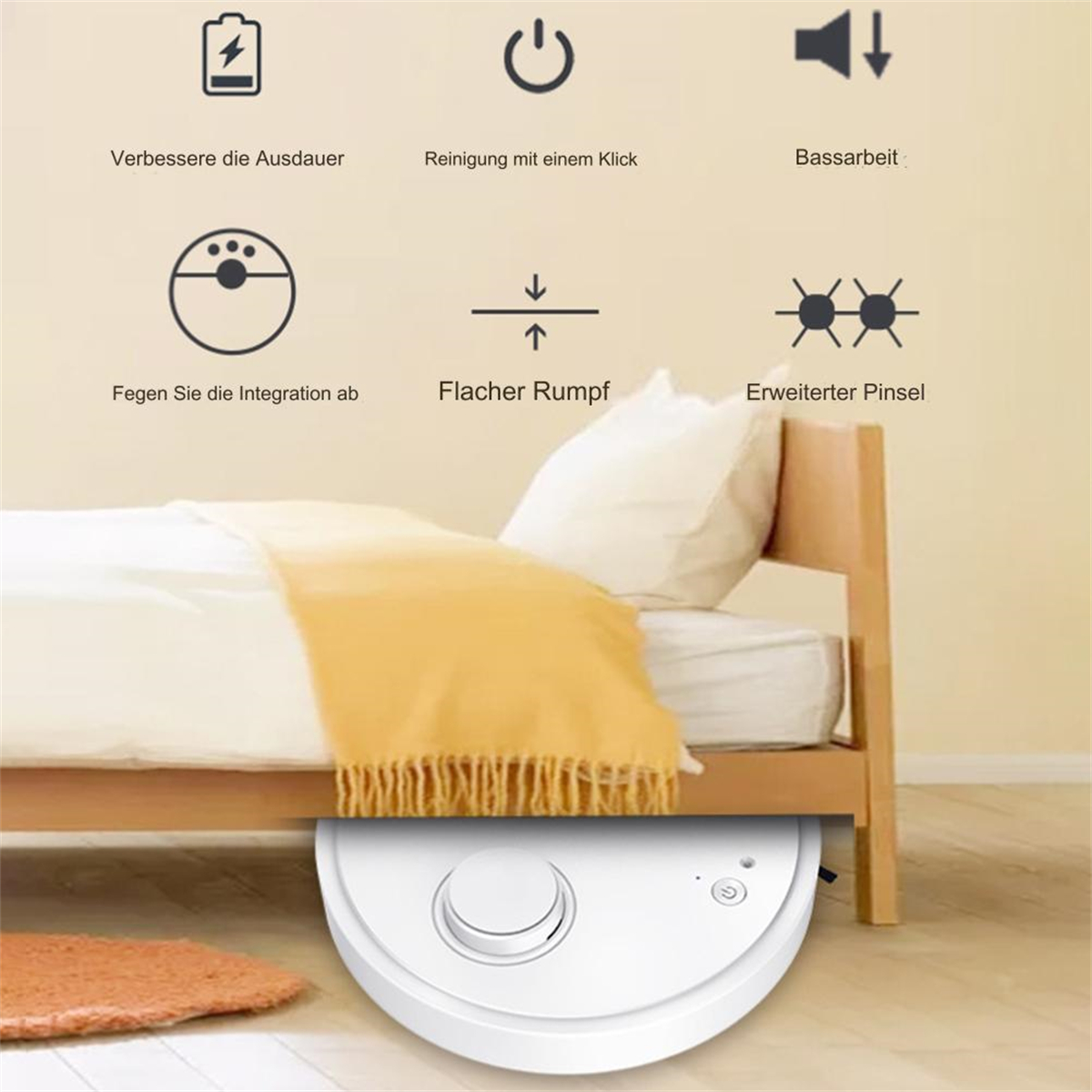 Roboter-Staubsauger auf einem Holzbett, mit mehreren Symbolen.
