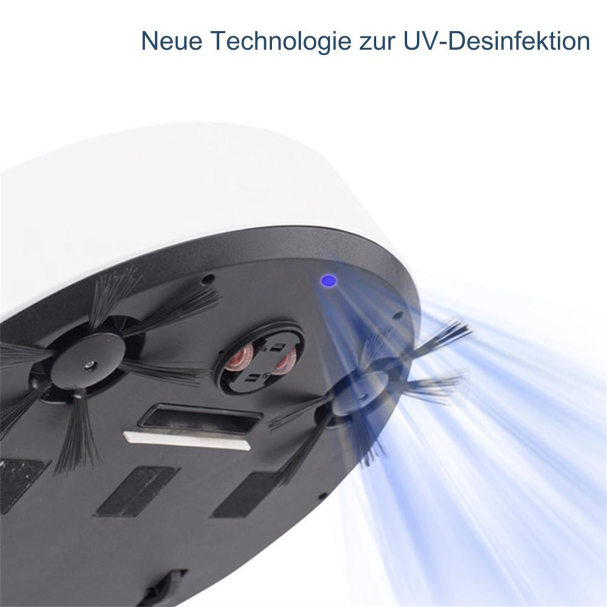 Weiße Roboter-Staubsauger-Basis mit Bürsten, die blaues UV-Licht emittiert.