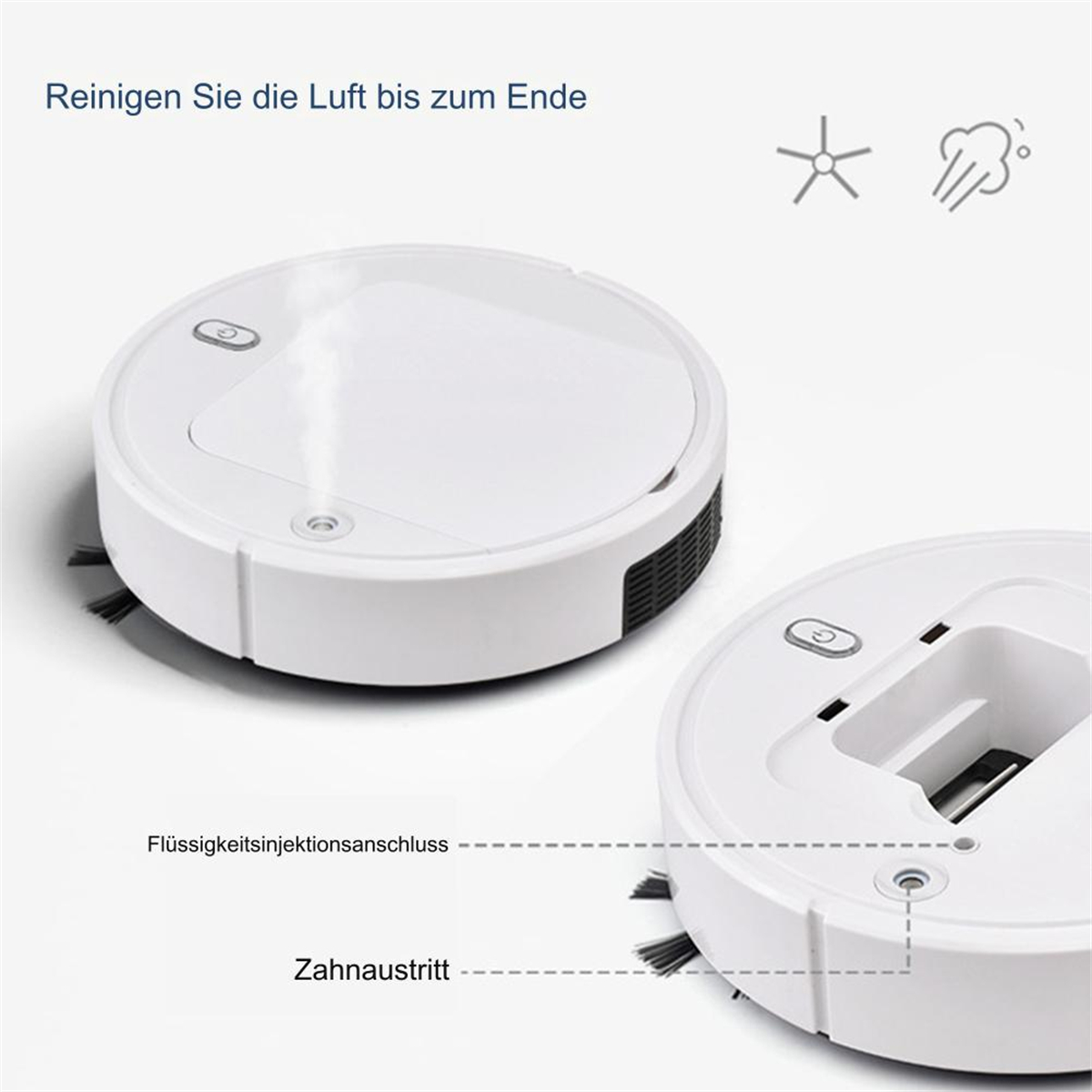 Zwei weiße Roboter-Staubsauger, einer offen. Sie sind auf einer weißen Oberfläche.