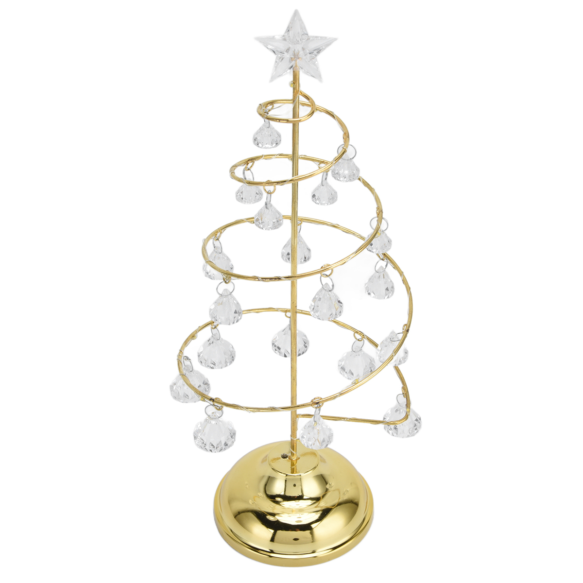 Goldfarbener spiralförmiger Weihnachtsbaum mit klaren Kristallornamenten und Stern oben.