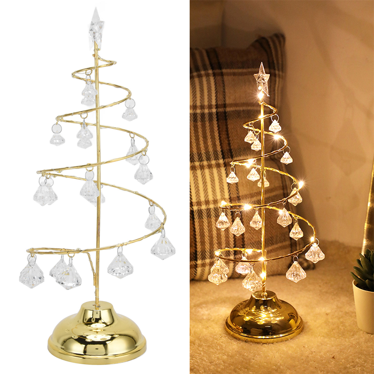 Zwei dekorative Weihnachtsbäume, einer beleuchtet, mit Gold- und Klarschmuck und einem goldenen Sockel.