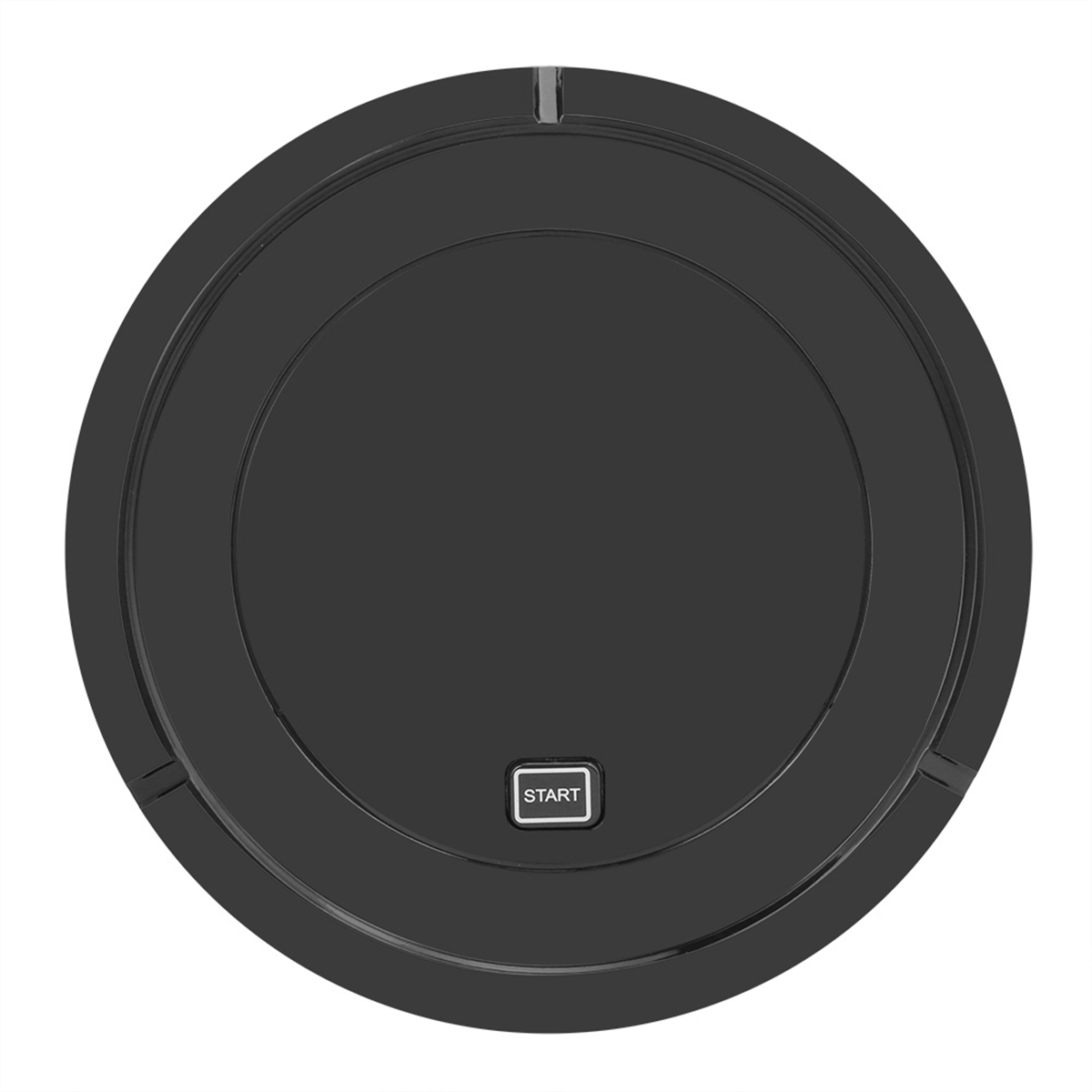 Ein schwarzer runder Roboter-Staubsauger. Es hat eine Starttaste in der Mitte.
