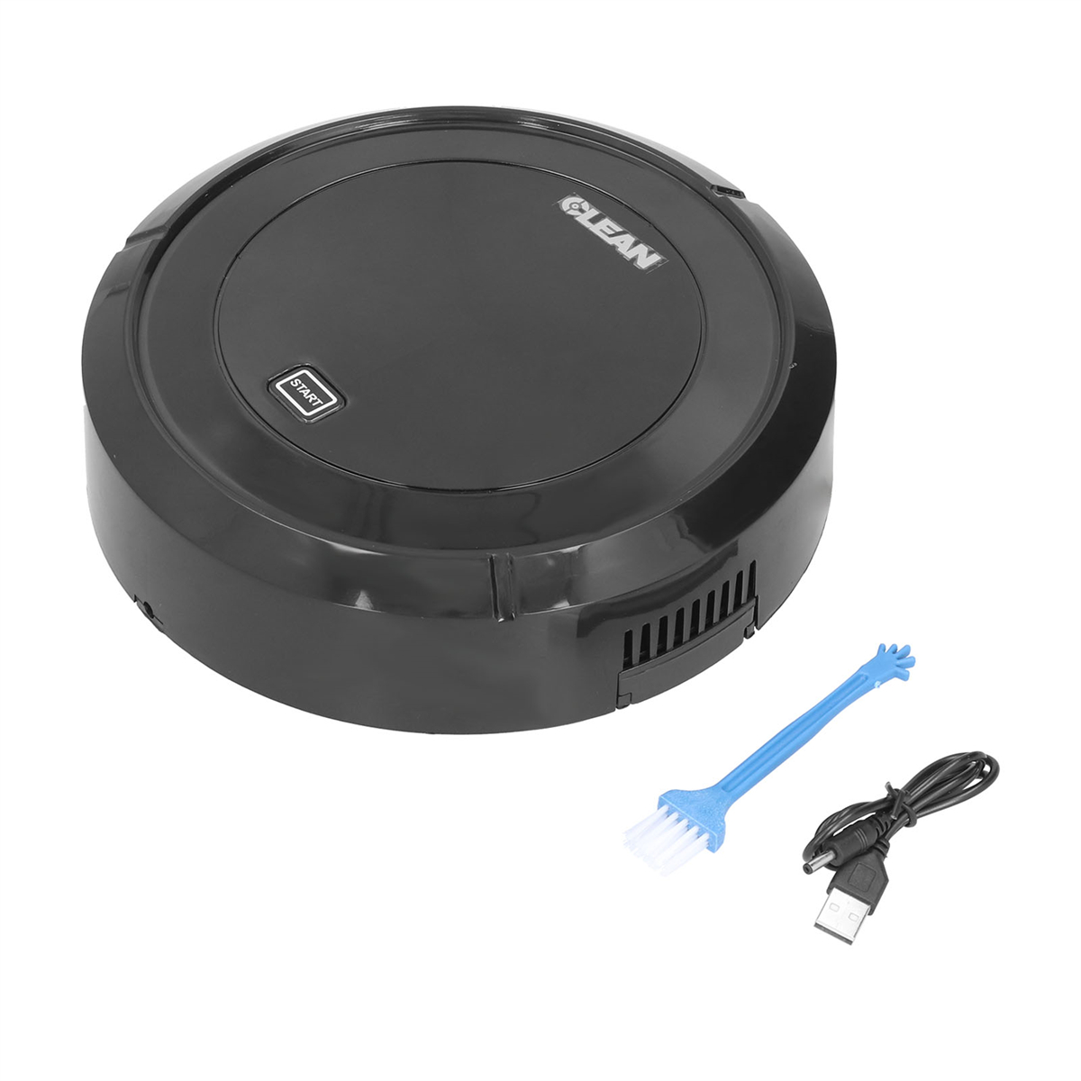 Schwarzer Roboter-Staubsauger mit Bürste und USB-Kabel, weißer Hintergrund.