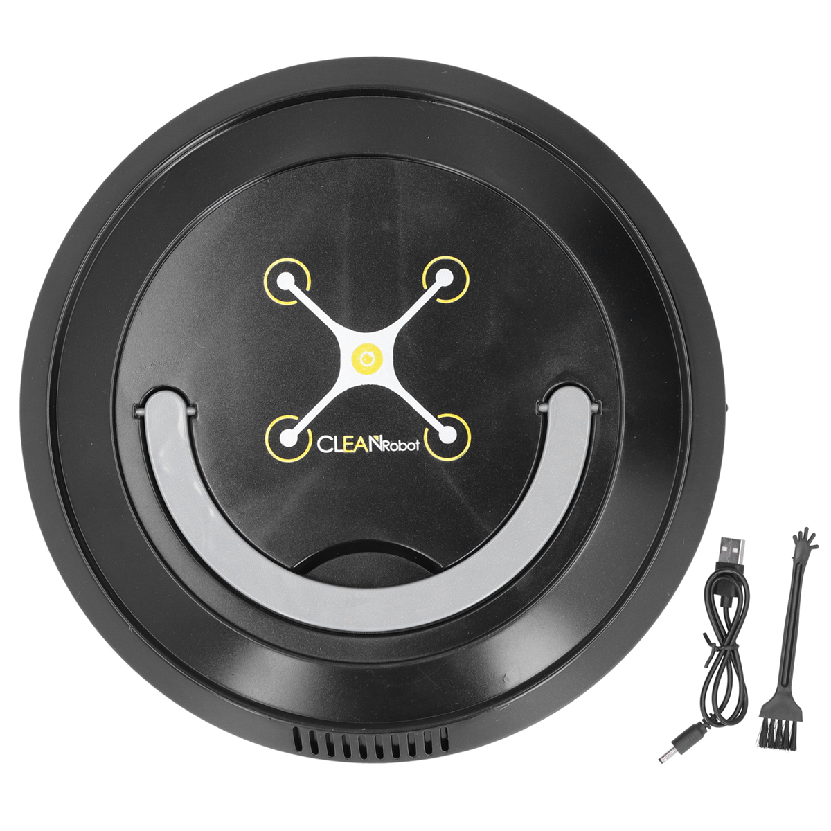 Schwarzer Roboter-Staubsauger mit gelben Akzenten. Enthält Bürste und Ladekabel. Weißer Hintergrund.