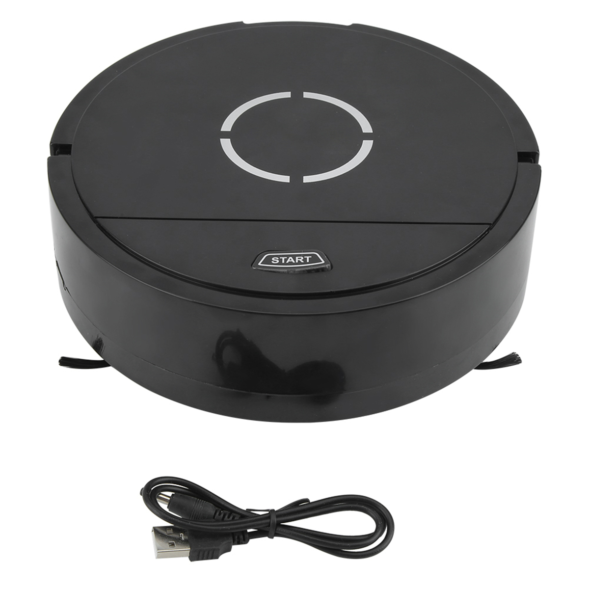 Schwarzer Roboter-Staubsauger mit weißem Ring und USB-Kabel.