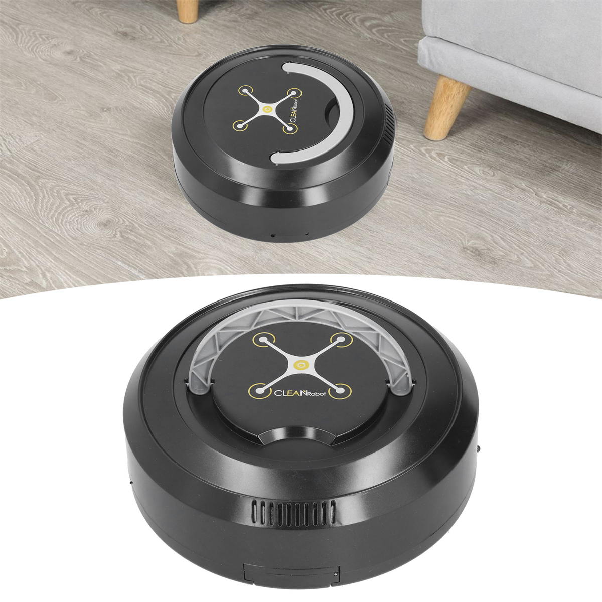 Zwei schwarze Roboter-Staubsauger, einer auf Holzboden und einer von oben.