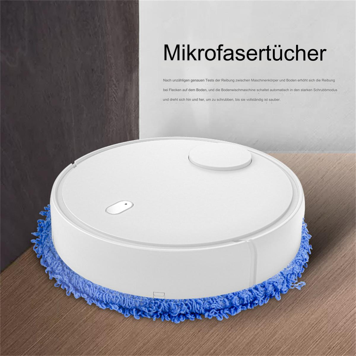 Weißer Roboter-Staubsauger auf einem Holzboden. Er hat einen blauen Wischmopp-Aufsatz und Text darüber.