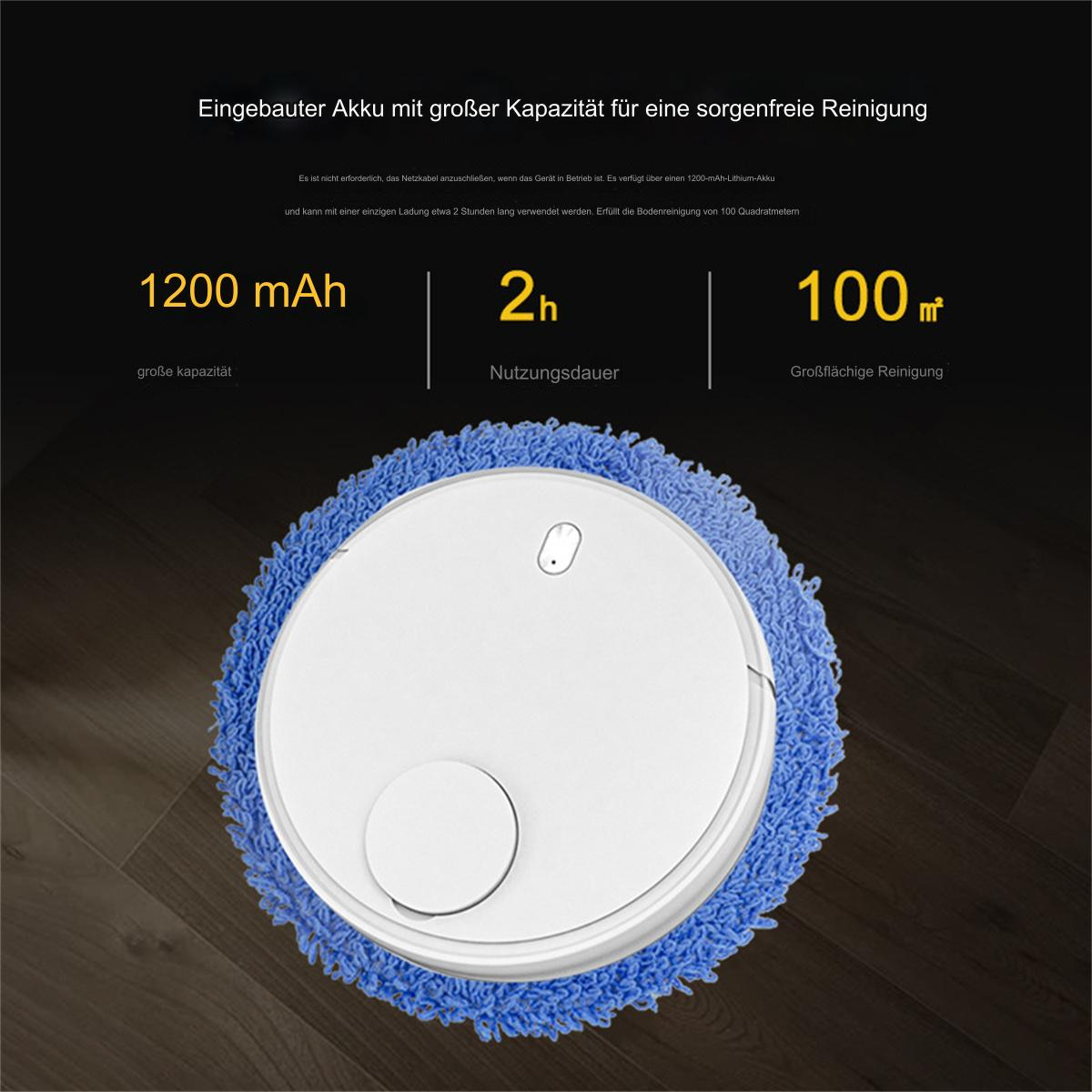 Ein weißer Roboter-Staubsauger mit einem blauen Reinigungspad, mit Text auf Deutsch.