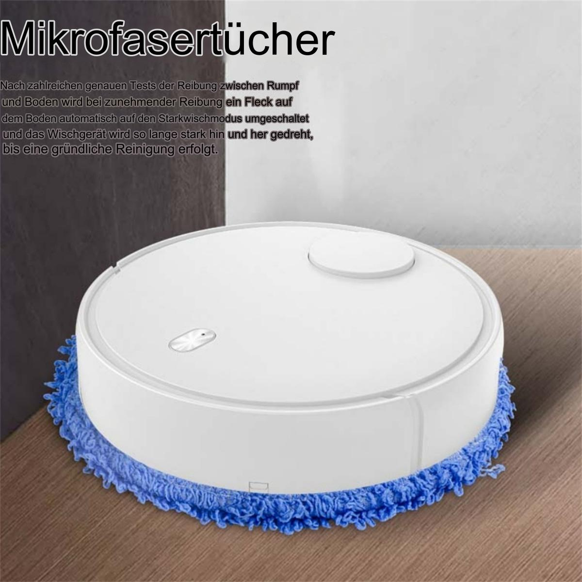 Ein weißer Roboter-Staubsauger mit einem blauen Wischmopp auf einem Holzboden. Oben steht 'Mikrofasertücher'.