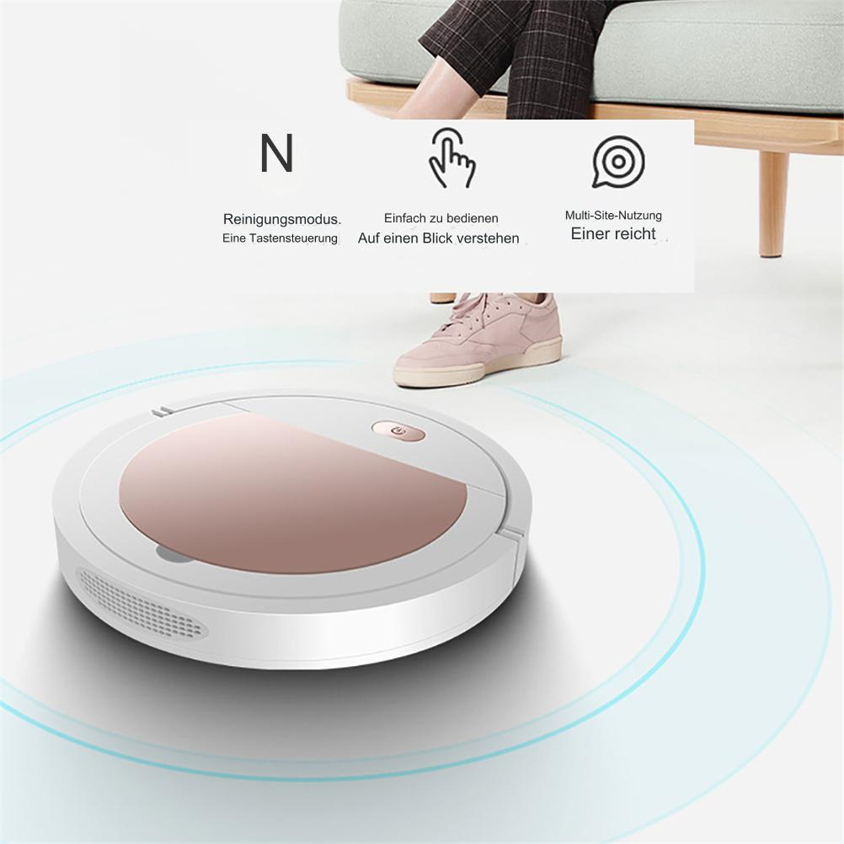 Roboter-Staubsauger auf einem Boden. Rosa Oberteil, weißer Körper und Symbole für Reinigung, Benutzerfreundlichkeit.