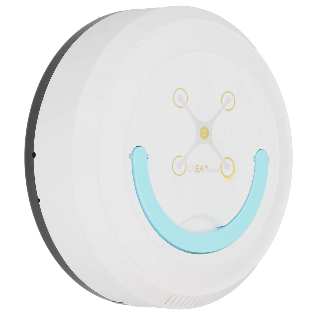 Ein weiß-schwarzer Roboter-Staubsauger mit einem blauen Smiley-Gesicht.