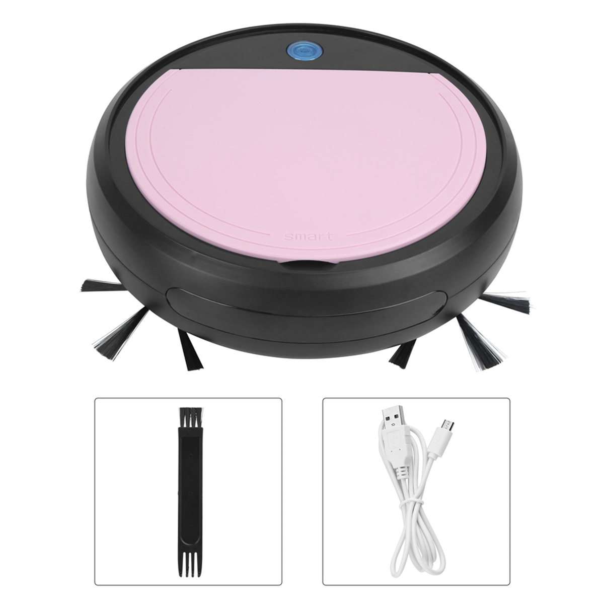Ein schwarzer und rosa Roboter-Staubsauger mit Bürsten und einem Ladekabel. Er hat einen Power-Knopf.