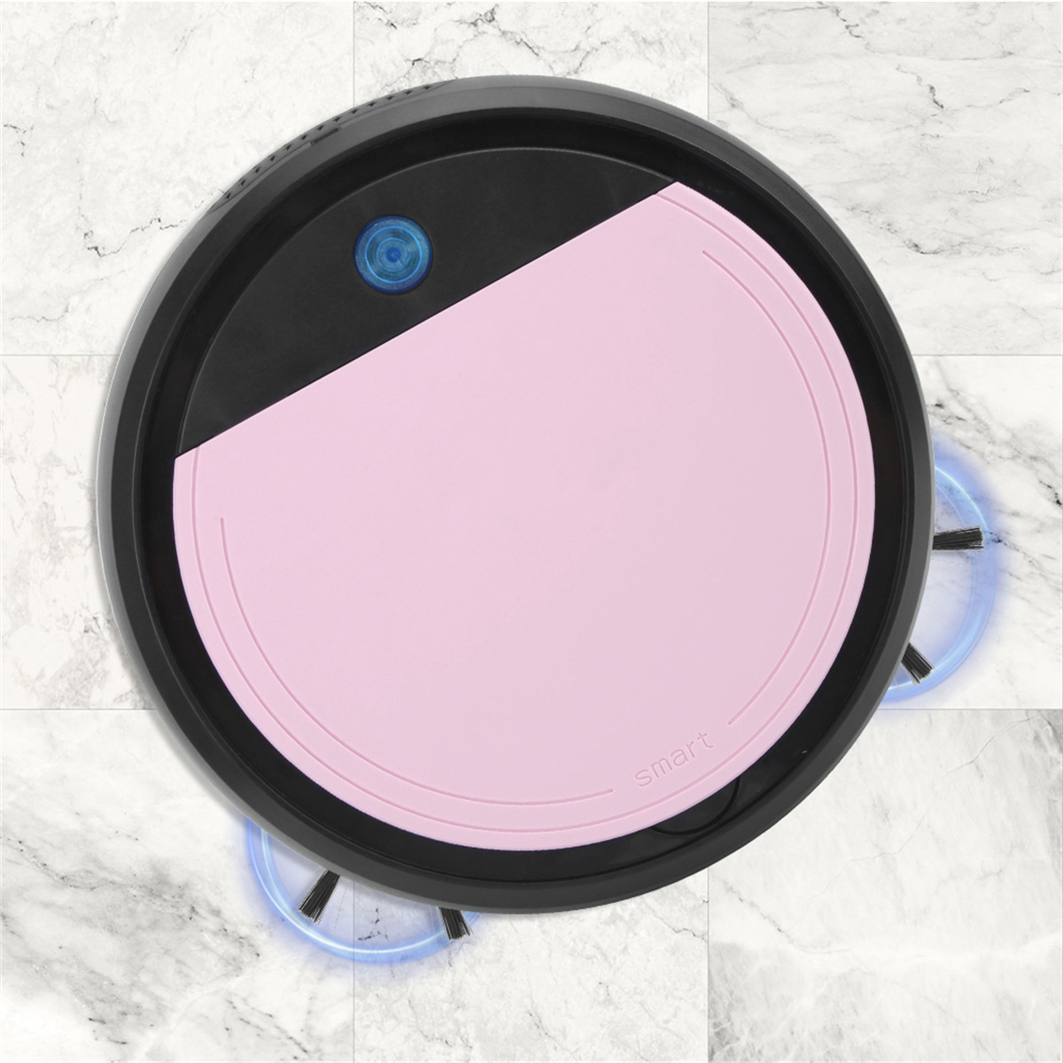 Ein runder rosa und schwarzer Roboter-Staubsauger auf einem Marmorboden.