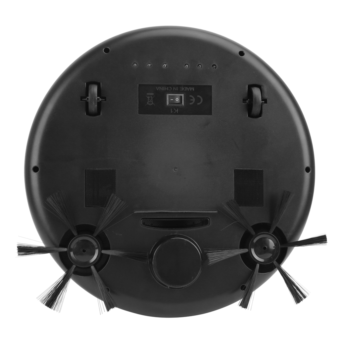 Schwarze Unterseite eines Roboterstaubsaugers mit Bürsten und Rädern.