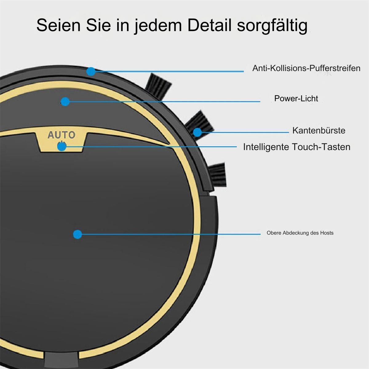 Nahaufnahme eines schwarz-goldenen Roboter-Staubsaugers, der Teile mit deutschen Beschriftungen zeigt.