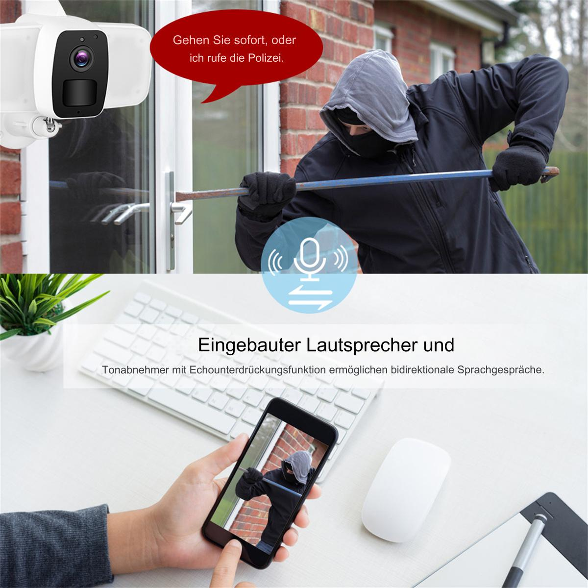 Überwachungskamera-Aufnahmen mit Text. Ein Dieb bricht in ein Haus ein. Ein Telefon zeigt dasselbe Bild.