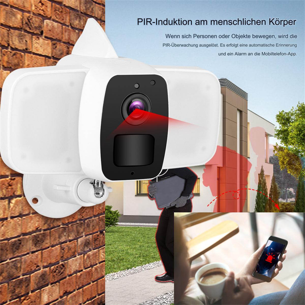 Sicherheitskamera an Ziegelmauer montiert. Roter Laserstrahl und App-Benachrichtigung auf dem Telefon.