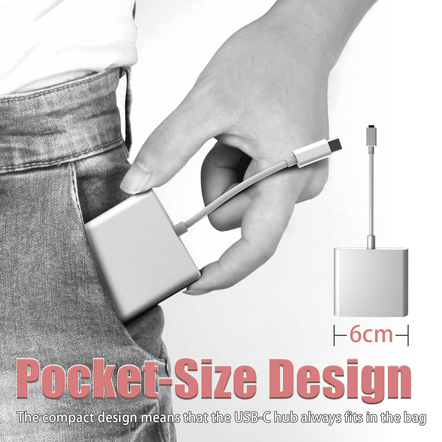 Ręka w kieszeni dżinsów trzymająca srebrny adapter ze złączem USB-C.