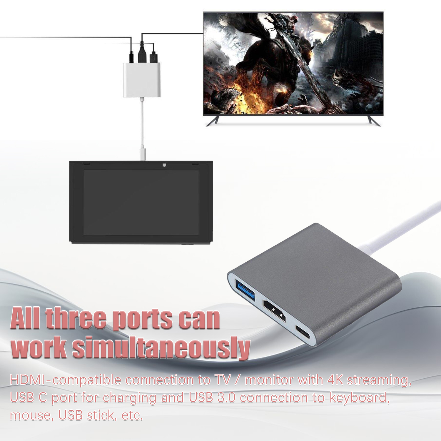 Szary hub USB łączy się z telewizorem, monitorem i mniejszym czarnym urządzeniem. Tekst: wszystkie porty działają.