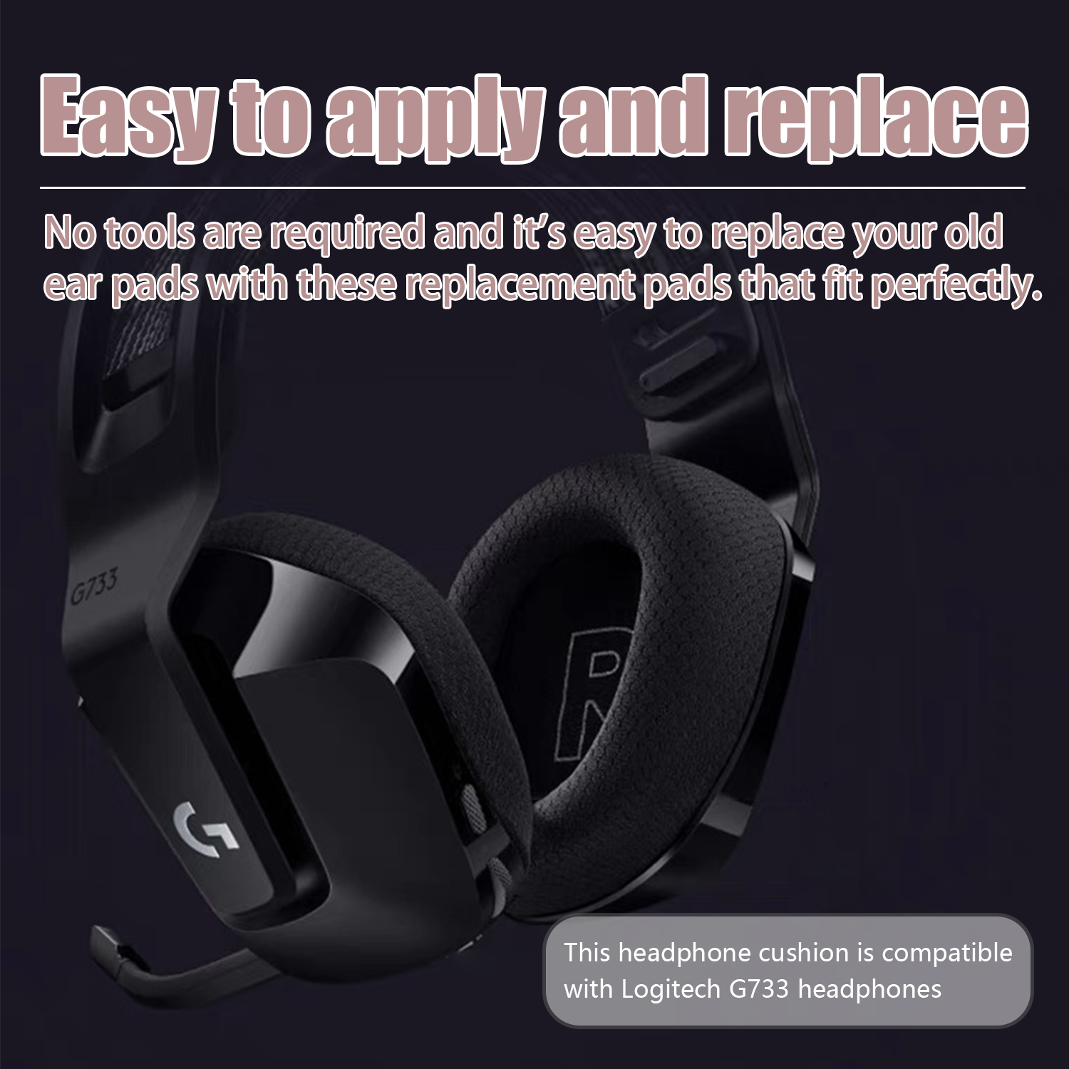 Czarne słuchawki Logitech G733 z mikrofonem i tekstem o wymianie nauszników.