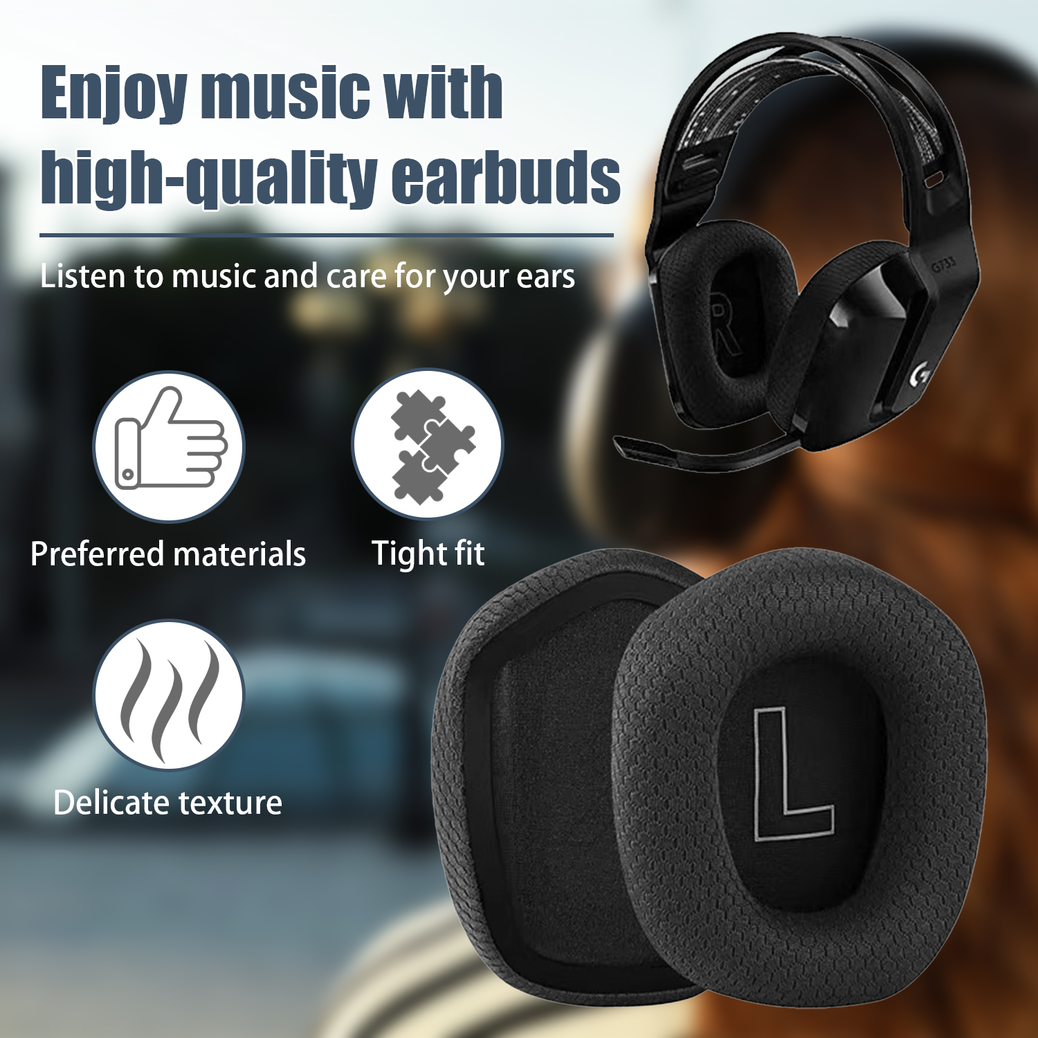 Czarne słuchawki i nauszniki. Nauszniki pokazują literę 'L' na jednym z nich. Obecne są ilustracje komfortu i materiałów.