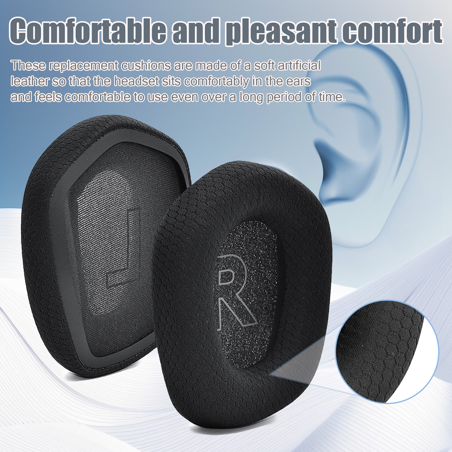 Czarne nauszniki do słuchawek z siatką, nakładką tekstową. Tło ma kształt ucha i tekst.