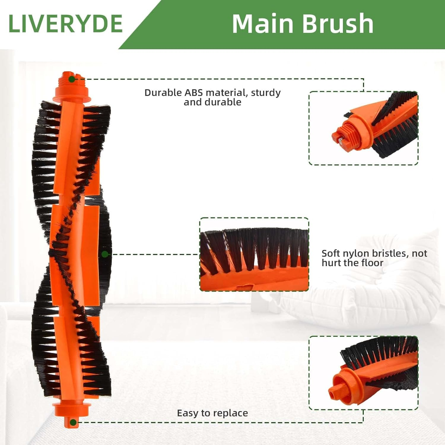 Nahaufnahme einer Hauptbürste. Sie ist orange und schwarz, mit Details über die Borsten und das Material.