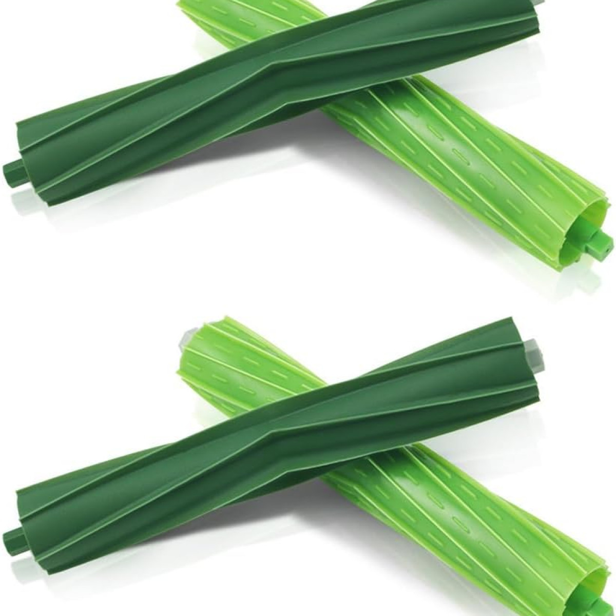 Dwie zielone szczotki do odkurzacza ze spiralnym wzorem, leżące na białym tle.