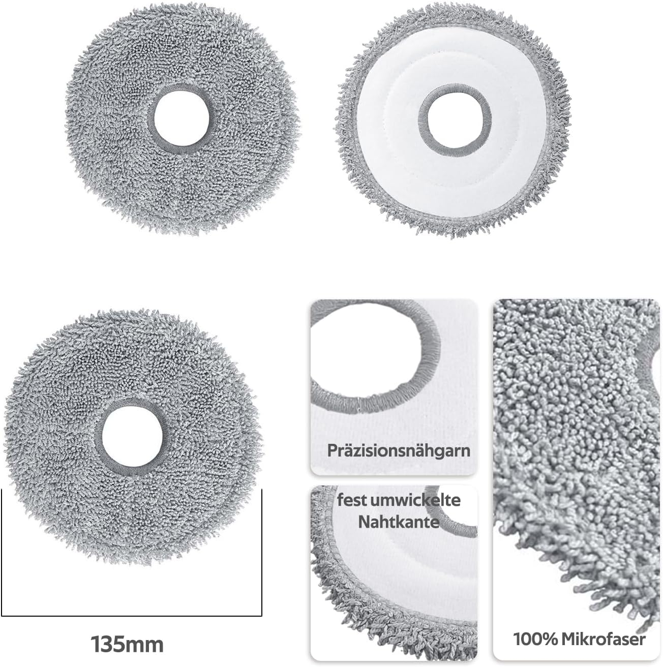 Wiele szarych nakładek do mopa z mikrofibry ze zbliżeniami i etykietami tekstowymi.
