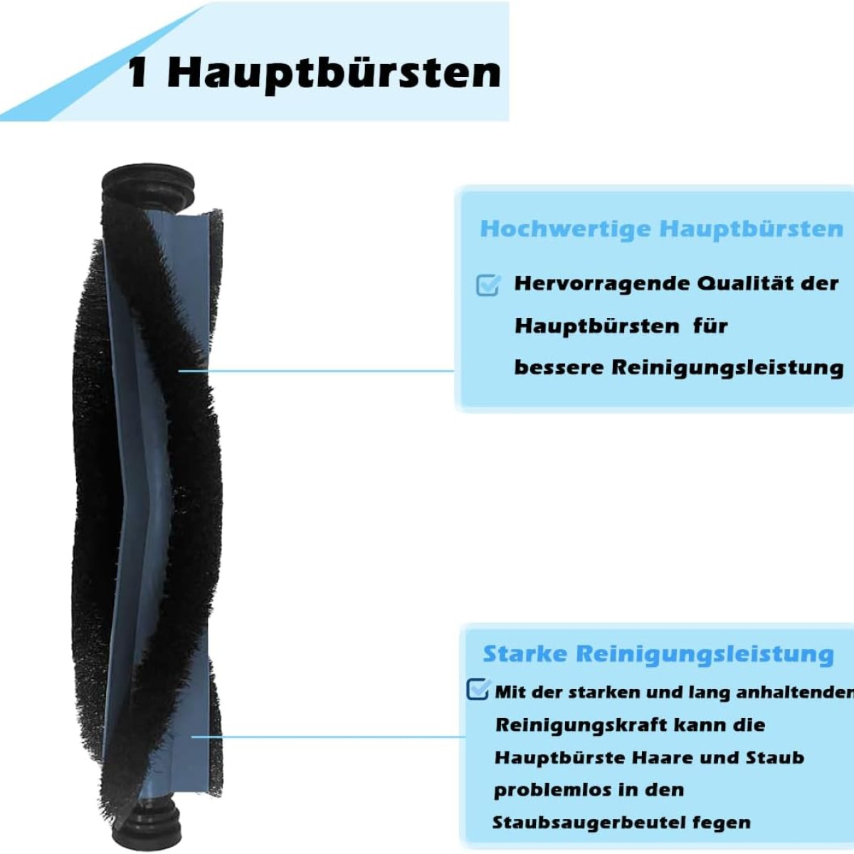 Nahaufnahme einer Staubsaugerbürste mit deutschem Text über die Reinigungsleistung.