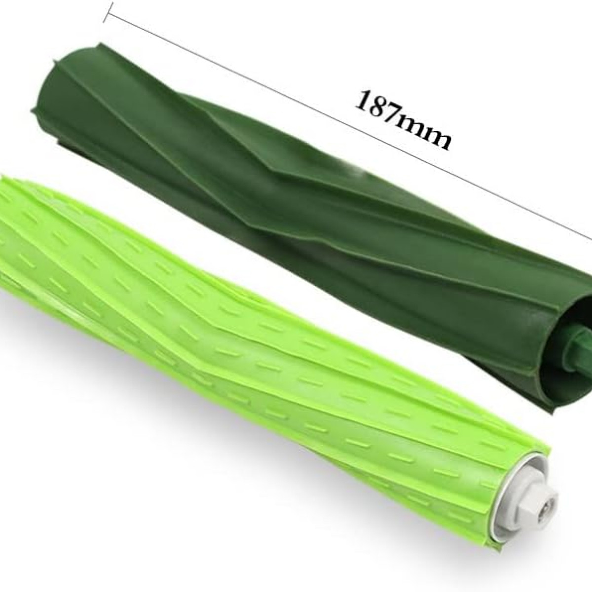 Zielone i limonkowo-zielone wałki szczotek do odkurzacza, długości 187 mm. Jeden jest gładki, drugi z rowkami.