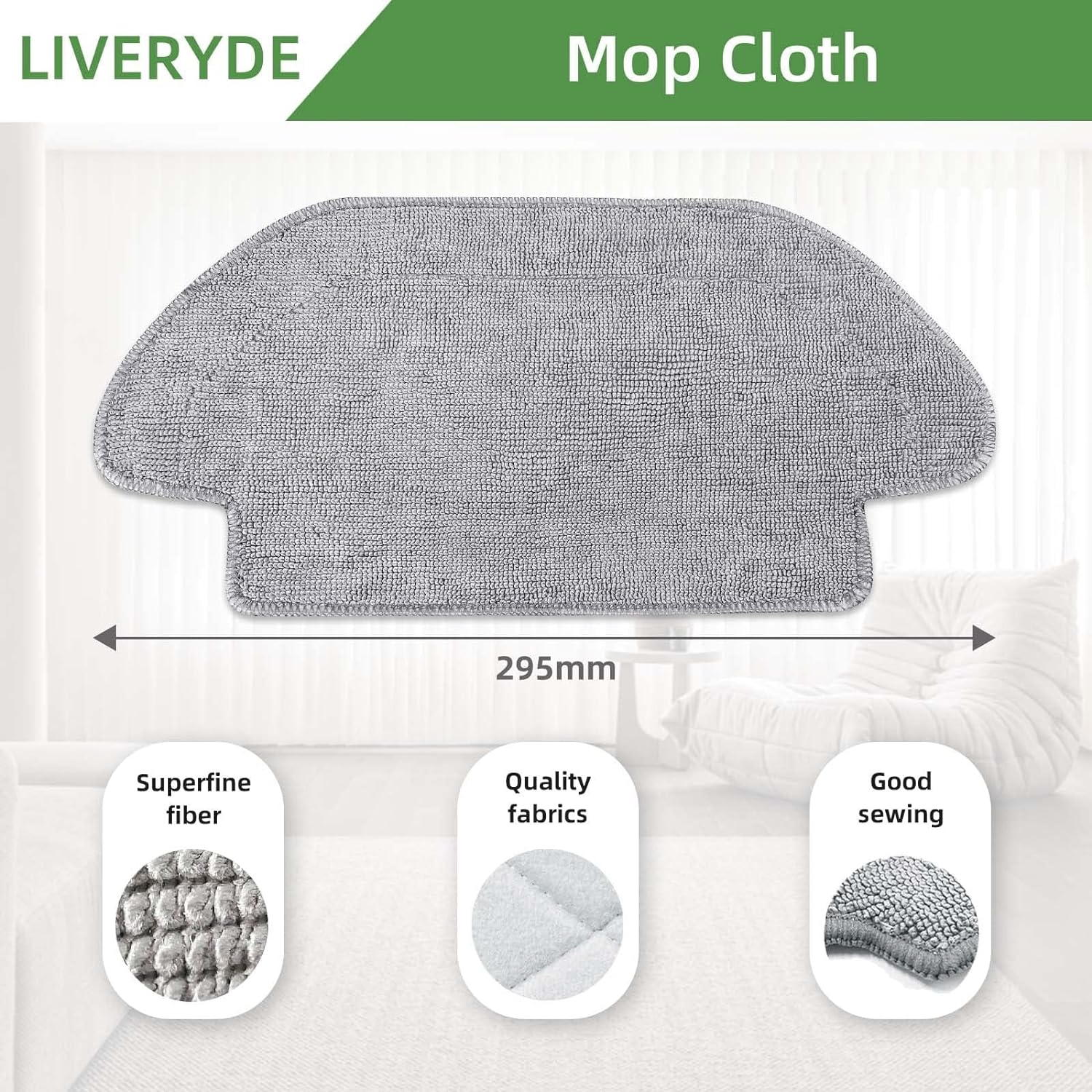 Graues Mopp-Tuch mit Abmessungen und Details zur Qualität.