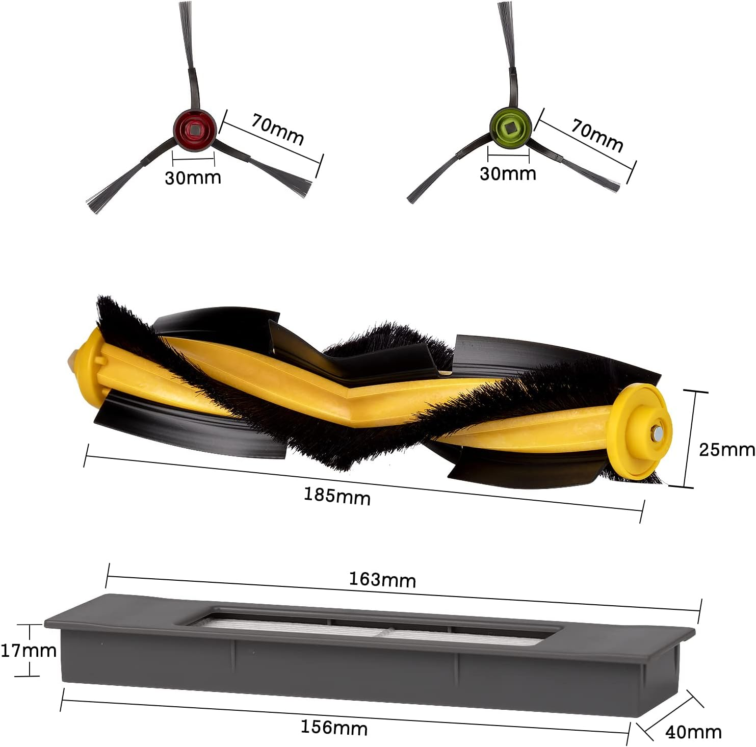 Części odkurzacza: Dwie obrotowe szczotki, szczotka główna i filtr. Wymiary są oznaczone.