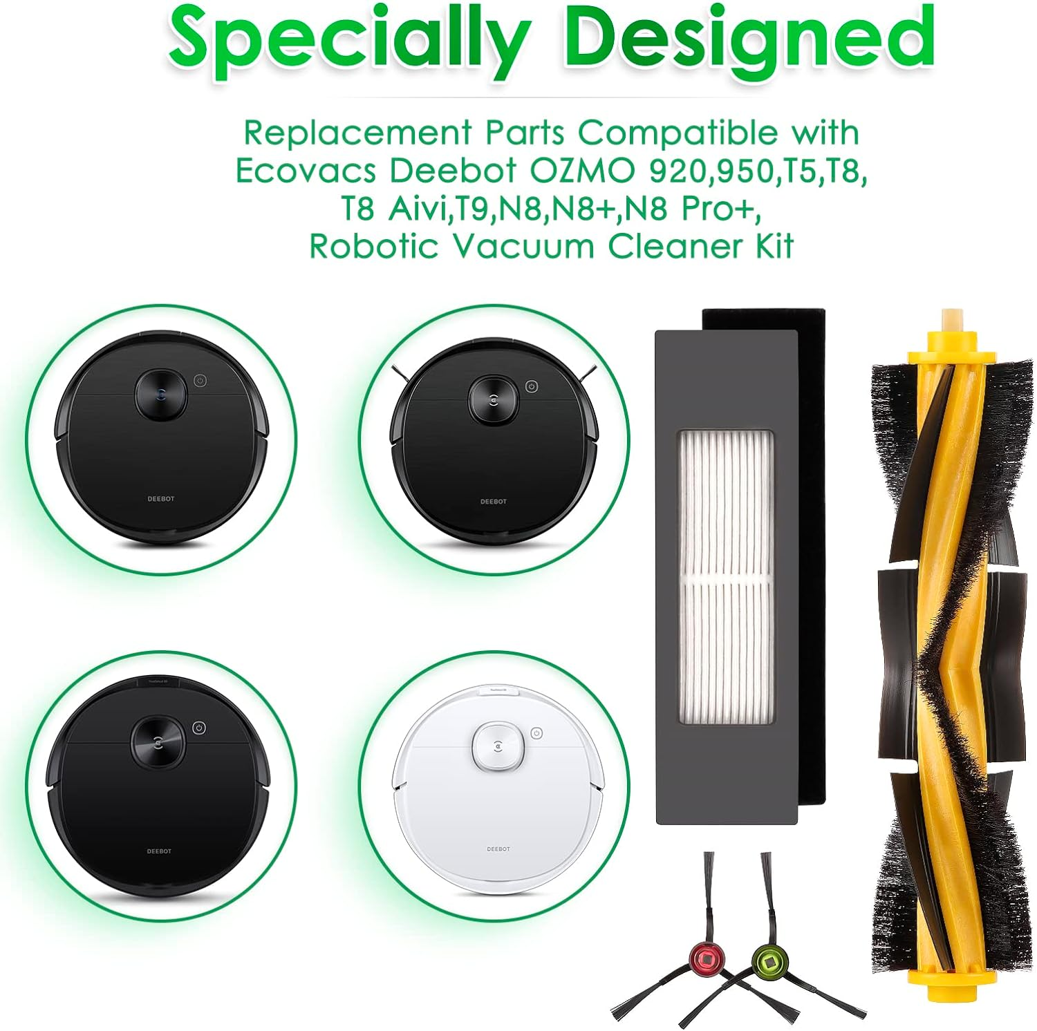 Części zamienne do robotów odkurzających. Części obejmują szczotki, filtry i robota odkurzającego.