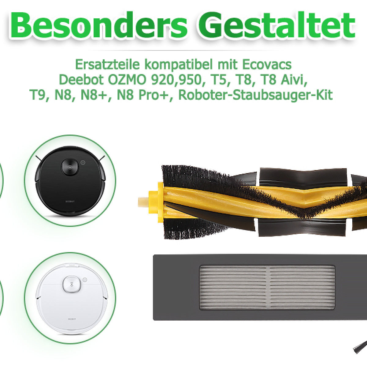 Części robota sprzątającego, w tym szczotka, filtr i dwa korpusy odkurzacza.