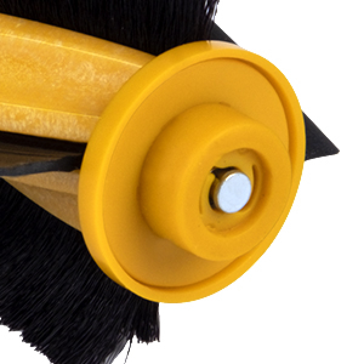 Zbliżenie żółtej głowicy szczotki z czarnym włosiem i centralną śrubą.