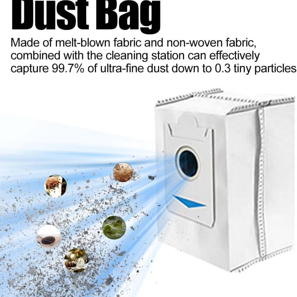 Biały worek na kurz z niebieskim przepływem powietrza i cząsteczkami.