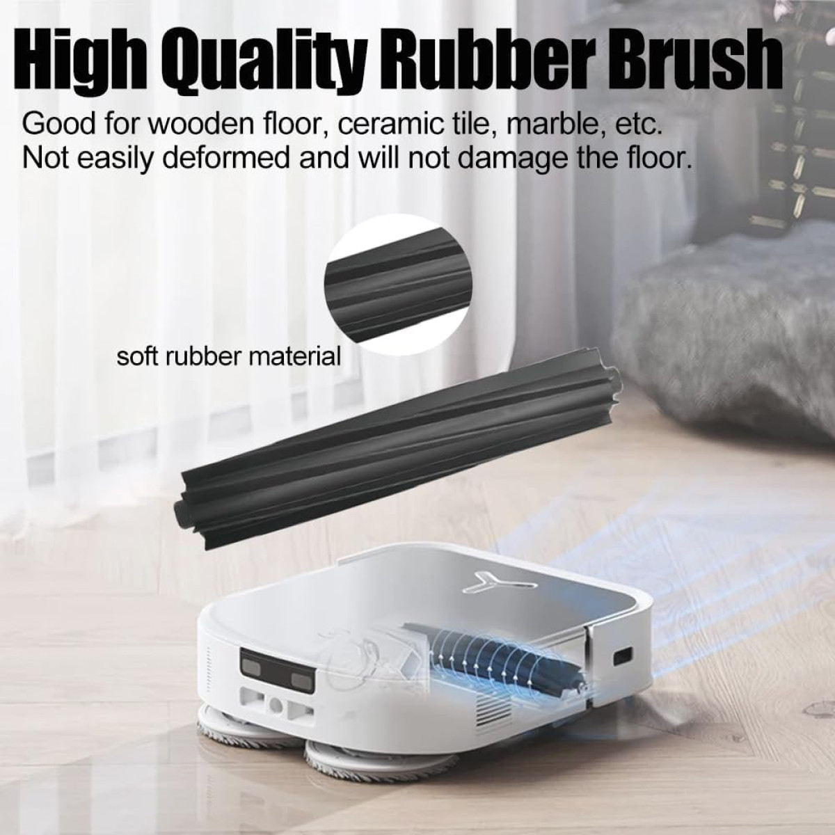 Robot sprzątający z gumową szczotką i tekstem podkreślającym jego kompatybilność z różnymi podłogami.